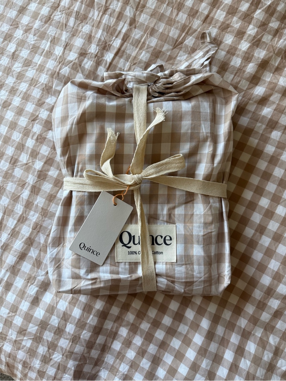 Quince Organic Crisp Percale Cotton Twin Duvet Cover in “Cafe” Gingham